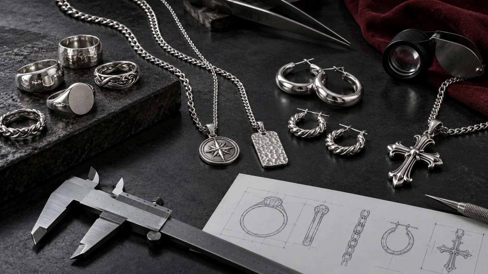 Silver jewelry samples and measurement tools on a graphite workbench